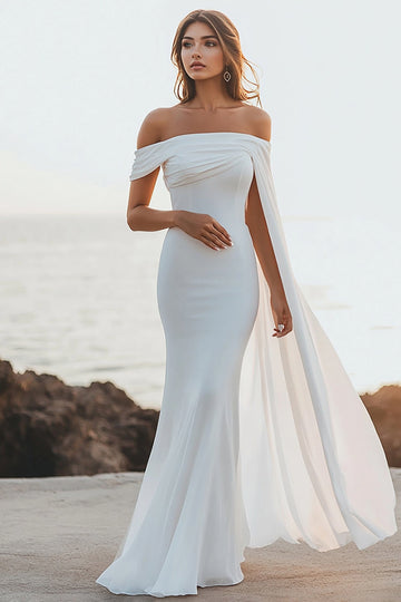 White Sheath Off the Shoulder Long Formal Dress with Cape